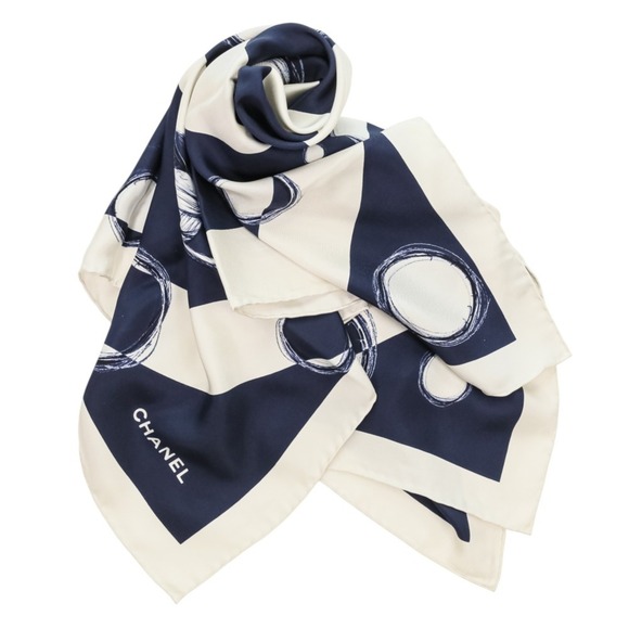 CHANEL 17K Coco Mark Planet Silk Scarf/Muffler, Ivory/Navy, Women's